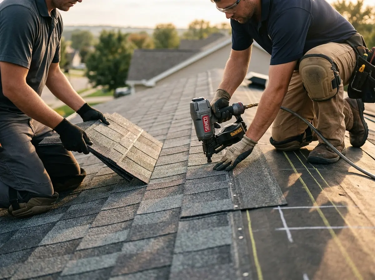 Professional roofer working on a residential roof in Quartz Hill